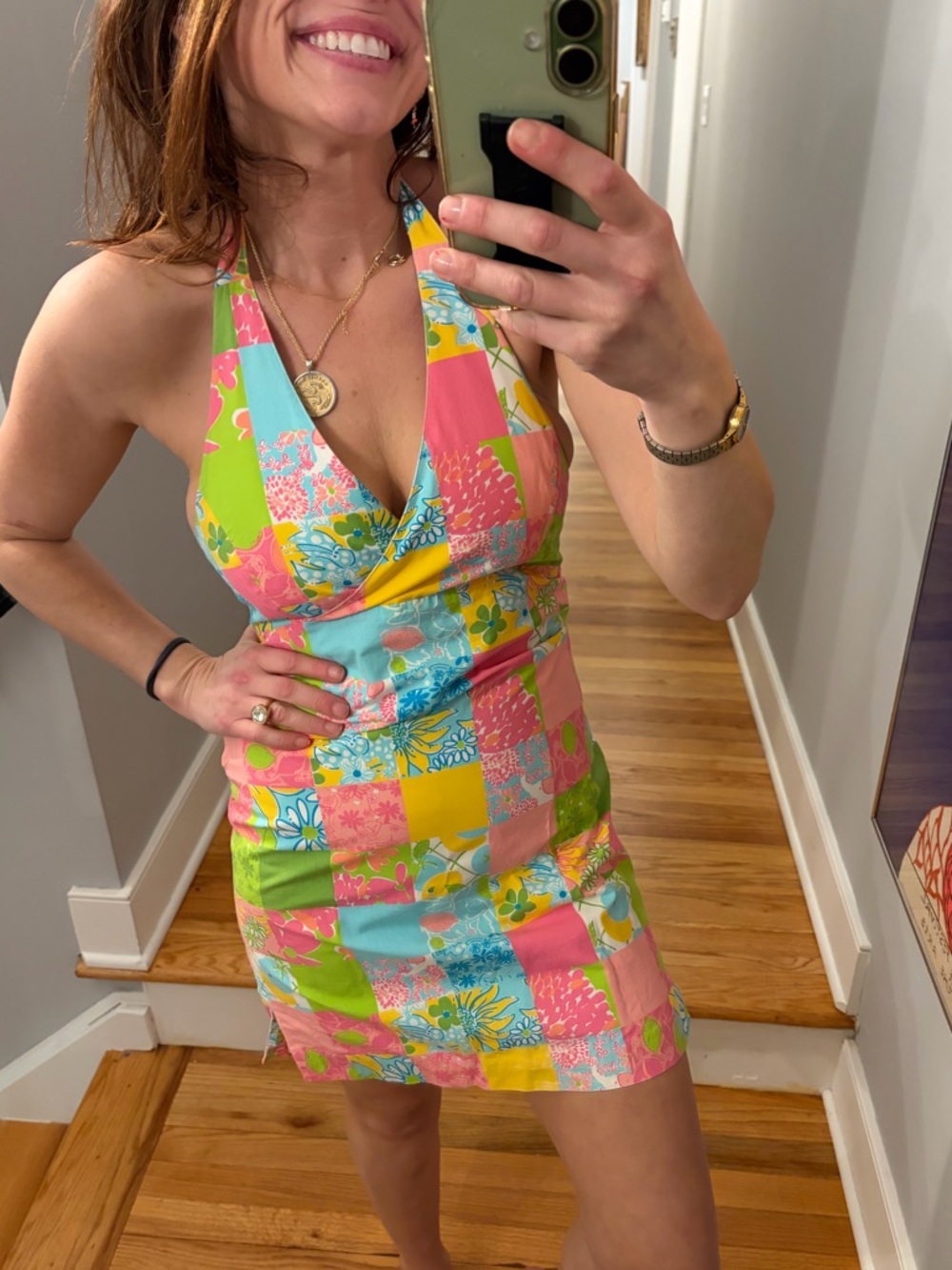 Vintage Lilly Pulitzer Patchwork Halter Mini Dress Y2K Bright Print Size 14 / XS